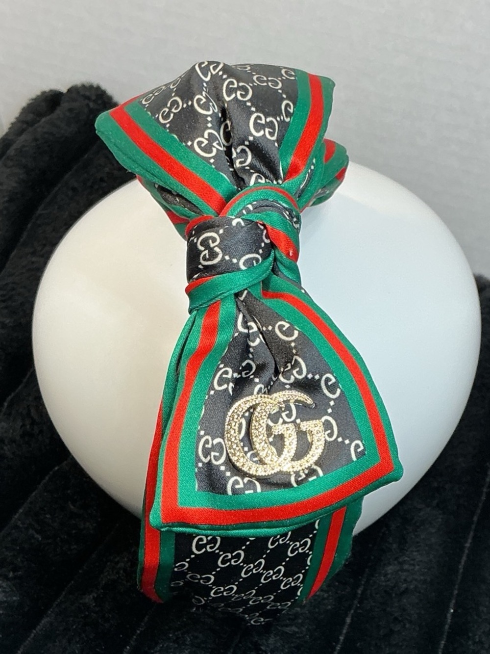 Designer-Inspired Black, Green & Red Bow Headband with Crystal Accent